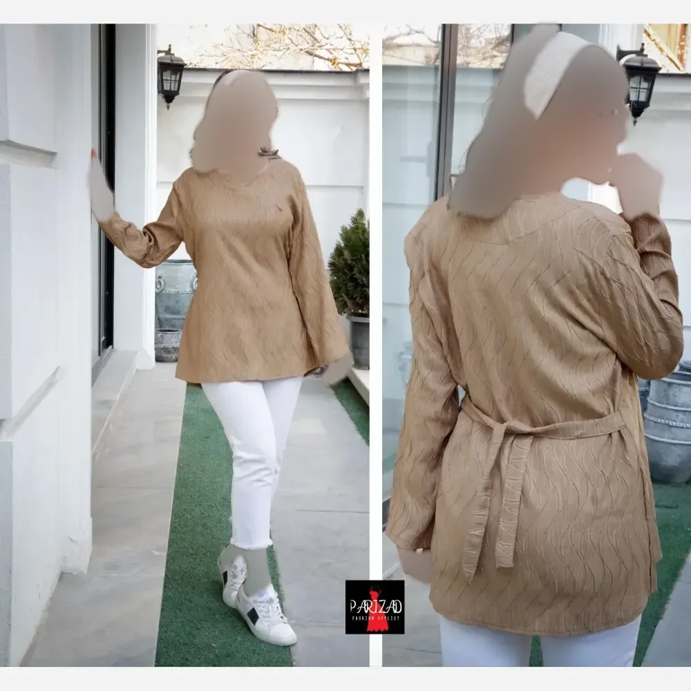 0cc3faf4-6248-4342-97ae-ad565df74163 تونیک بهاره نخی طرح موجی کمربندی زنانه سایز 40 تا 46 - تصویر 1