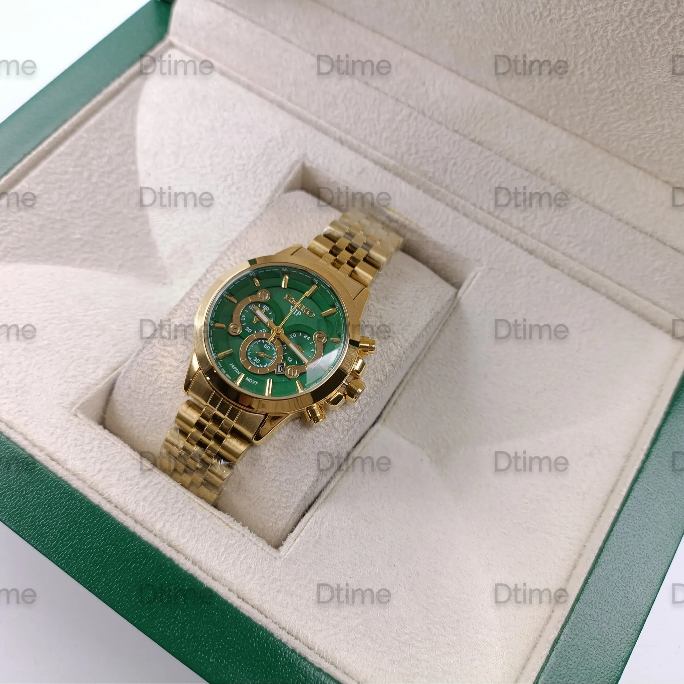 11d70218-fde5-46ad-93aa-99f042e3e043 ساعت مچی زنانه سیکو طلایی صفحه سبز بند استیل طرح سه موتور با تقویم و موتور ژاپن - Image 1