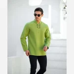 پیراهن مردانه الیاف طبیعی 100 درصد پنبه مدل هشت دکمه رنگ سبز پستهای - Image 2