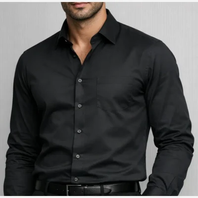 پیراهن مشکی مردانه آستین بلند نخی قواره آزاد تک جیب مناسب محرم و مراسم ختم