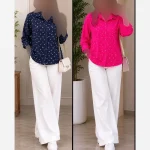 شومیز نگین دار طرح پاپیون آستین موچی جنس نخ وارداتی خنک - تصویر 6