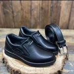 ست کفش و کمربند مردانه مدل جردن، کفش طبی دوردوخت مشکی سایز 40 تا 44 - Image 3