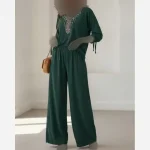 بلوز و شلوار نخی زنانه سبز یشمی فری سایز - Image 4