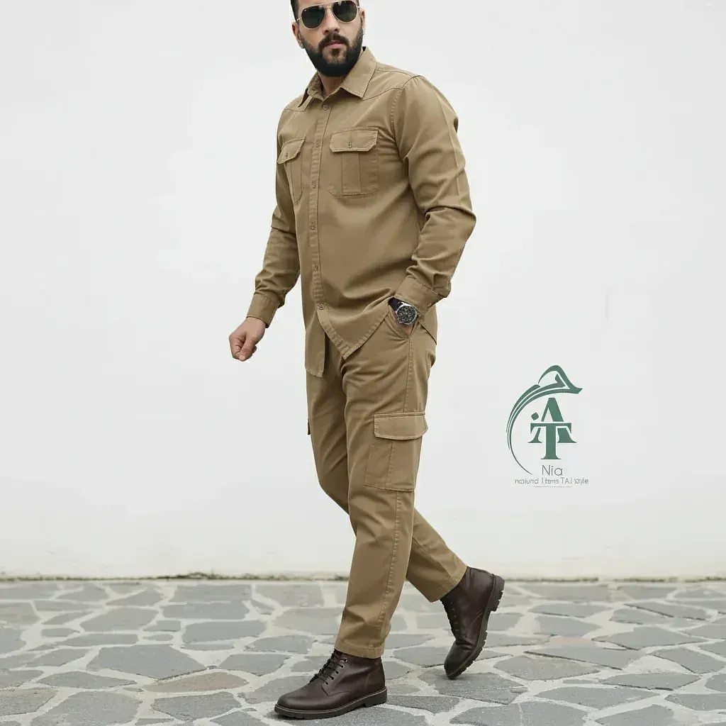435e2d83-bc5f-4492-8036-66936d503bb2 ست پیراهن و شلوار کتان مردانه مدل یاشیل رنگ خاکی - Image 1