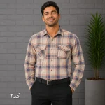 پیراهن مردانه کتان صابونی چهارخانه آستین بلند دو جیب قواره اندامی - Image 4