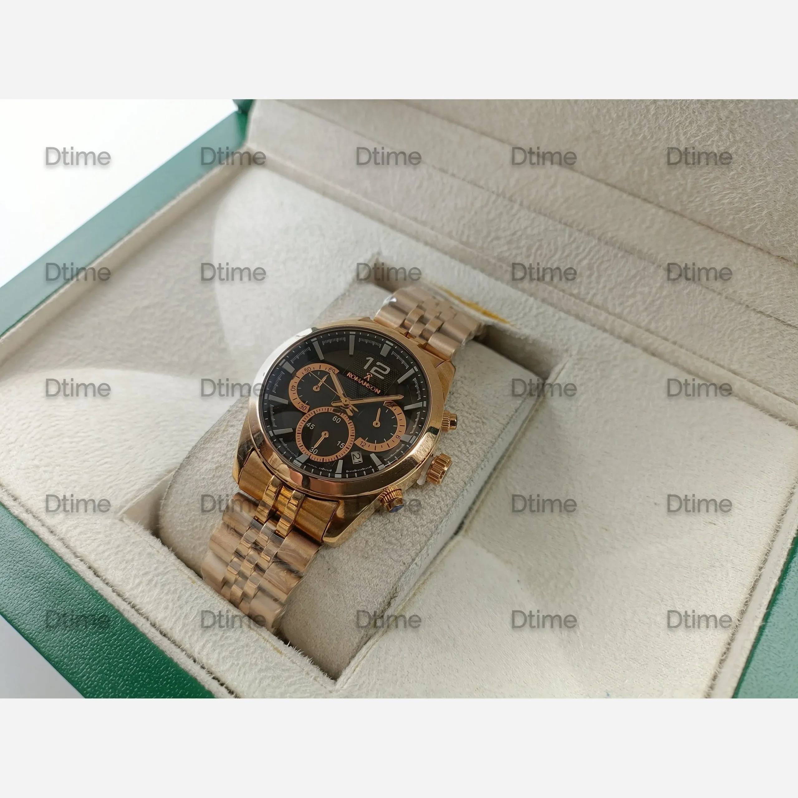 4879d6b8-6017-4c67-9eee-f2cfe1a770a2 ساعت مچی زنانه رومانسون رزگلد صفحه مشکی چهار موتوره با بند استیل و تقویم - تصویر 1
