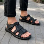 صندل چرم مردانه روزمره رنگ مشکی و قهوهای - Image 4