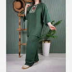 ست شومیز و شلوار نخی یقه چاپی تابستانه فری سایز - Image 3