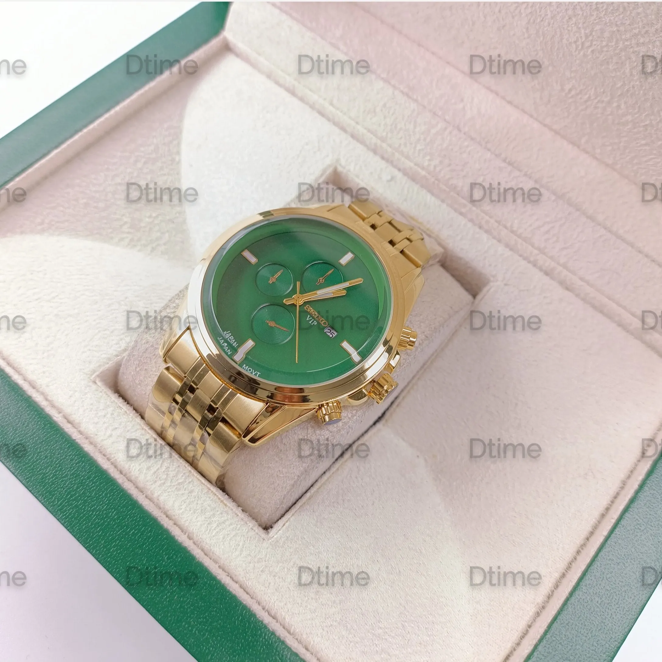 69defab8-86e7-4e6e-893d-95b661ae5776 ساعت مچی مردانه سیکو بند استیل طلایی صفحه سبز موتور ژاپن با تقویم - تصویر 1