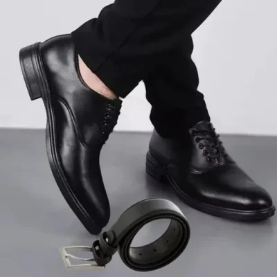 ست کفش مردانه مدل رویال و کمربند چرم صنعتی مشکی