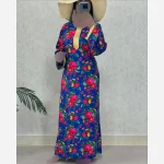 پیراهن ساحلی ترکمنستانی نخی فری سایز تا 50 نوار طلایی - Image 6