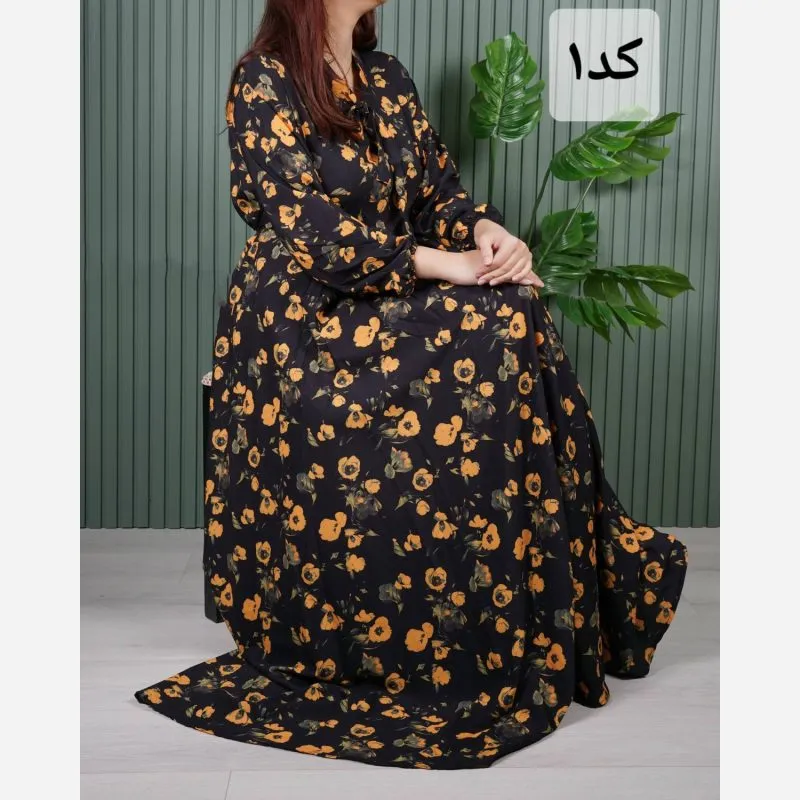 e4ad0cfe-d4d6-48e1-98f6-94e31f12e5b0 پیراهن کلوش بلند طرح شکوفه جنس کرپ فلور فری سایز - تصویر 1