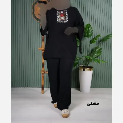 ست بلوز و شلوار نخی زنانه مدل سنتی فری سایز مناسب تا 48