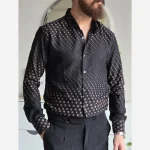 پیراهن مشکی مردانه آستین بلند طرح دار پارچه سارینا سایز M تا XXL - Image 4