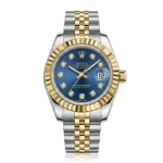 ساعت زنانه رولکس دیت جاست استیل طلایی صفحه سرمه ای موتور کوارتز ژاپن شیشه مینرال تقویم ذره بینی ماندگاری رنگ