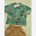 ست دو تیکه بلوز و شلوارک نوزادی کوالا پنبه و جین کاغذی 4 سایز 3 تا 18 ماه سبز طوسی کرم مهمانی - Image 4