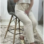 شلوار لینن زنانه فری سایز تا 46 رنگی کرم چهارفصل تنخور شیک و راحت بدون سایه اندازی - Image 6