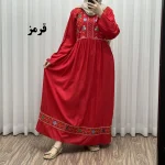 پیراهن نخی هندی سلن گلدوزی فری سایز تا 50 کمربنددار چهارفصل زنانه شیک - Image 4