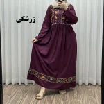 پیراهن نخی هندی سلن گلدوزی فری سایز تا 50 کمربنددار چهارفصل زنانه شیک - Image 9