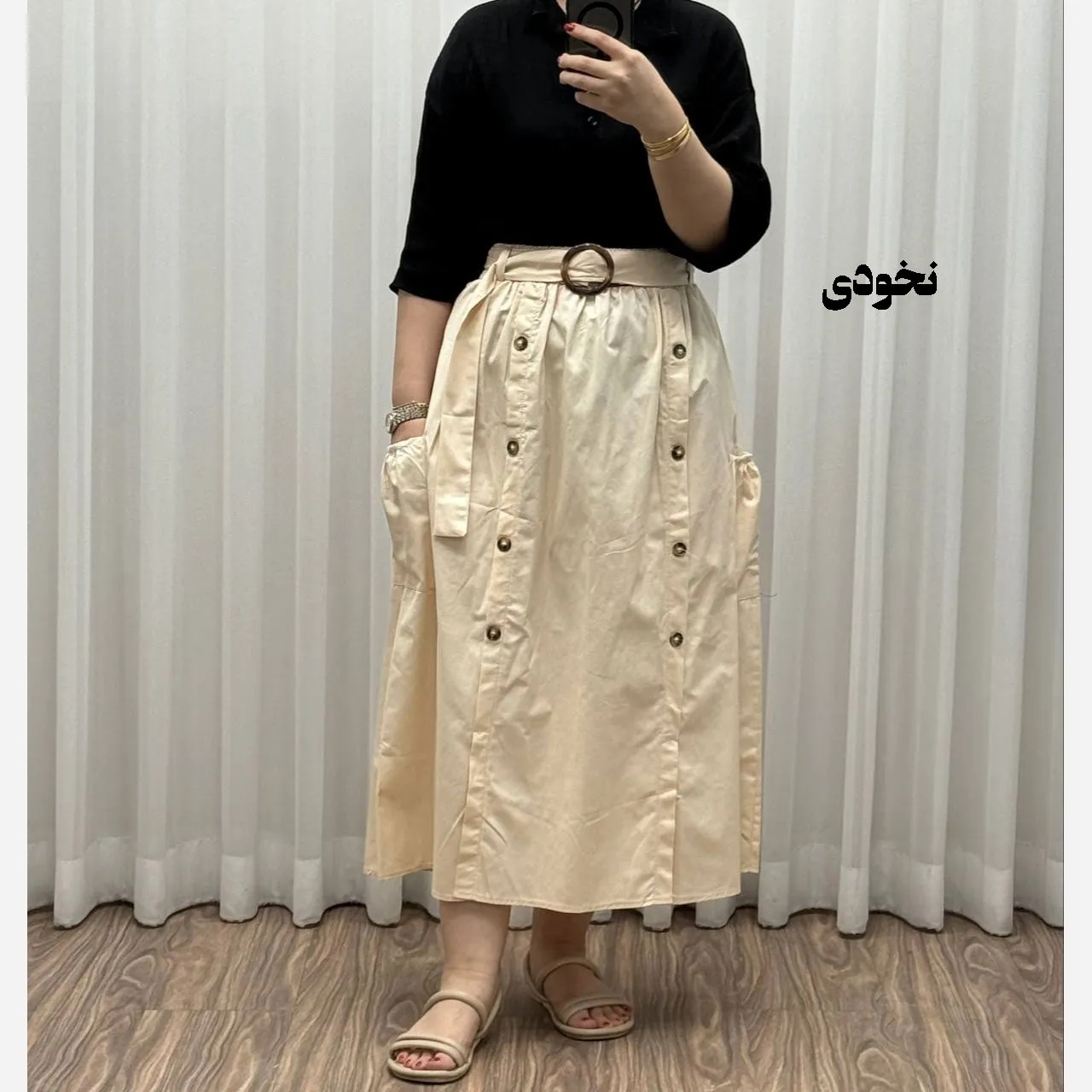 1776004649-69dbae294b8d6-نخودی-2 دامن کتان زنانه فری سایز تا 48 قد 90 سانتیمتر چهارفصل شیک و راحت بدون آبرفت و رنگ رفتگی - Image 1