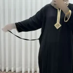 پیراهن کفتان نخی زنانه گلدوزی شده فری سایز مناسب تا سایز 50 با کمربند - Image 4