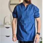 تیشرت مردانه یقه کوبایی لی کاغذی آستین کش رنگ آبی و ذغالی - Image 6