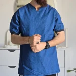تیشرت مردانه یقه کوبایی لی کاغذی آستین کش رنگ آبی و ذغالی - Image 5