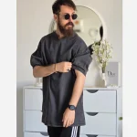 تیشرت مردانه یقه کوبایی لی کاغذی آستین کش رنگ آبی و ذغالی - Image 4