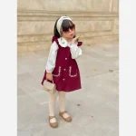 شومیز سارافون دخترانه لینن کتان زرشکی مناسب 3 تا 9 سال ست دو تیکه گلدوزی شده - Image 4