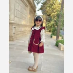 شومیز سارافون دخترانه لینن کتان زرشکی مناسب 3 تا 9 سال ست دو تیکه گلدوزی شده - Image 3