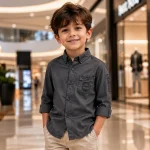 پیراهن اسپرت پسرانه و دخترانه کتان ترک رنگ کرم سایز 3 تا 12 سال - Image 4