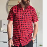 پیراهن آستین کوتاه مردانه چهارخانه نخی پلی استر سایز M تا XXL - Image 4
