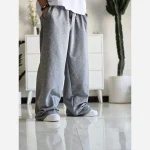 شلوار اسلش فول بگ پارچه ملانژ خنک رنگ طوسی و مشکی سایز بزرگ XXL و XXXL