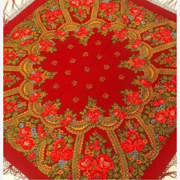 446f673a-f0c0-442e-bd25-917fa85fc833 روسری ترکمنی پشمی قرمز قواره 148 برند پاولوف پوساد روسیه - Image 1