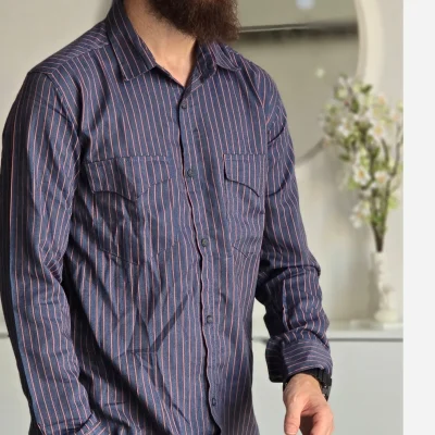پیراهن جین آستین بلند دو جیب مردانه پارچه جین کاغذی کشی سایز M تا XXL