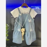 سه تیکه وارداتی سارافون جین و تیشرت دخترانه همراه با عروسک خرسی سایز 2 تا 8 سال - Image 4