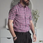 پیراهن آستین کوتاه مردانه چهارخانه نخی پلی استر سایز M تا XXL - Image 10
