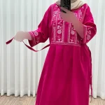 پیراهن زنانه لینن طرح مایا فری سایز مناسب تا 48 با کمربند - تصویر 2