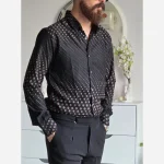 پیراهن مشکی مردانه آستین بلند طرح دار پارچه سارینا سایز M تا XXL - Image 2
