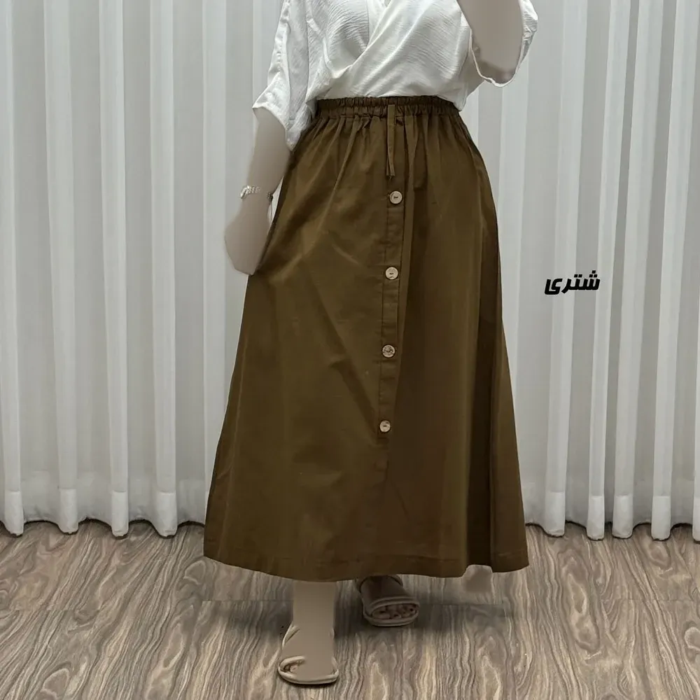 7b444141-ca6e-464d-b5b9-42b80b567ef7 دامن زنانه لینن تمام دکمه فری سایز مناسب تا 46 قد 90 سانتیمتر - Image 1