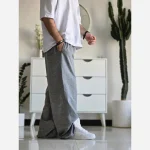 شلوار اسلش فول بگ پارچه ملانژ خنک رنگ طوسی و مشکی سایز بزرگ XXL و XXXL - Image 8