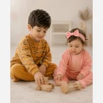 ست بلوز شلوار بچگانه طرح پنگوئن پاییزه مخمل سلانیک پنبه صورتی خردلی 1 تا 7 سال - Image 2