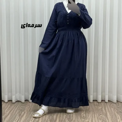 پیراهن ساحلی زنانه آستین بلند نخی تافته فری سایز مدل سلن دکمه دار آستردار