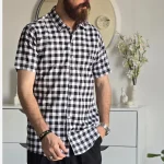 پیراهن آستین کوتاه مردانه چهارخانه نخی پلی استر سایز M تا XXL - Image 9