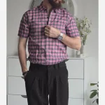 پیراهن آستین کوتاه مردانه چهارخانه نخی پلی استر سایز M تا XXL - Image 5