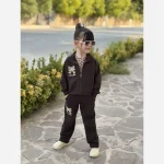 ست سه تیکه دخترانه سویشرت و شلوار مناسب 4 تا 8 سال جنس دو نخ ملانژ و تاپ فنریپ نخ پنبه - Image 2