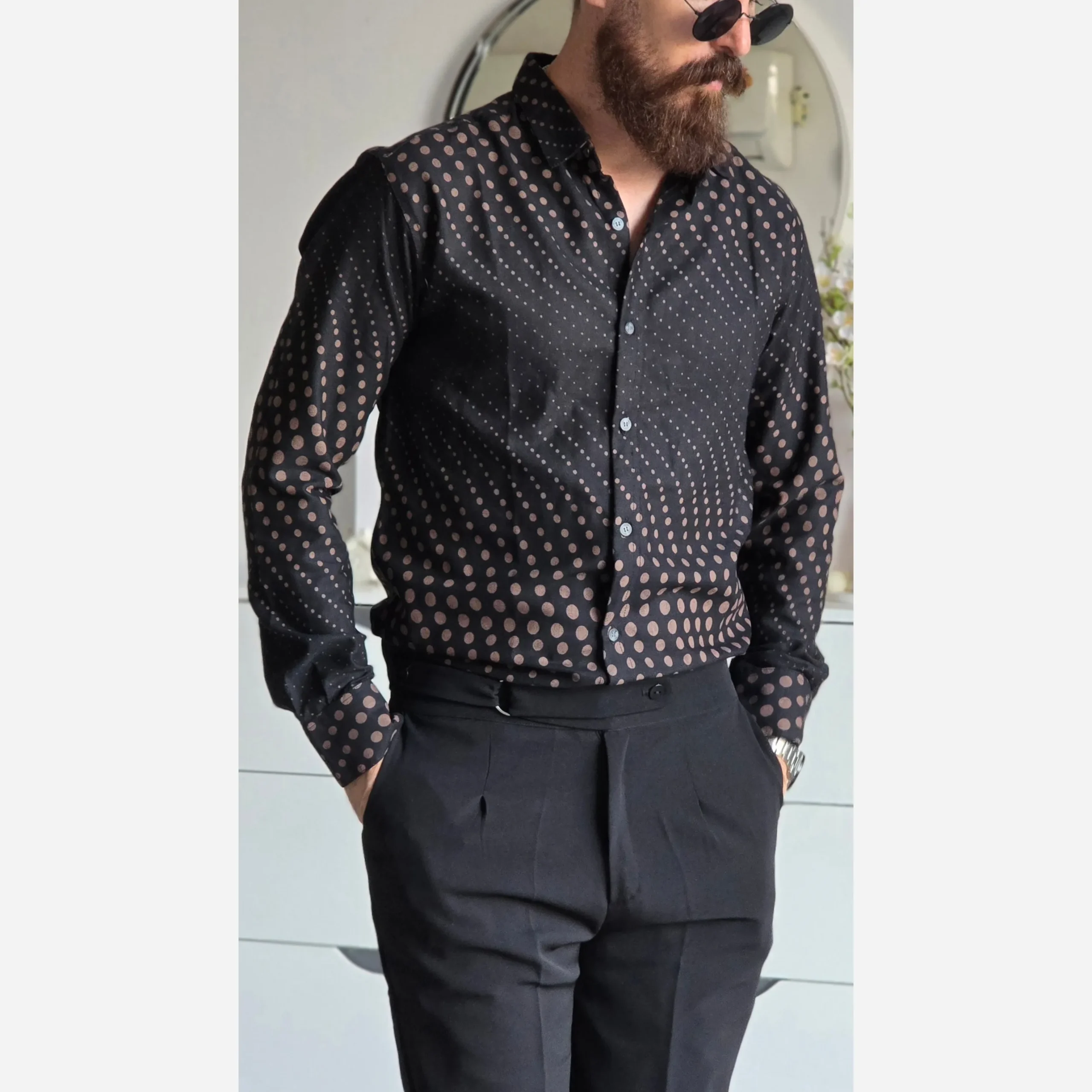fb501fa1-d3b3-42ff-a0c8-91e04cd52bde پیراهن مشکی مردانه آستین بلند طرح دار پارچه سارینا سایز M تا XXL - Image 1