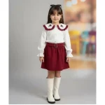 ست شومیز و دامن مخمل کبریتی دخترانه رنگ زرشکی و قهوه ای سایز 4 تا 10 سال - تصویر 2