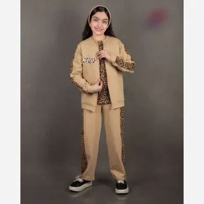 ست سه تیکه سویشرت و شلوار و تاپ دخترانه دورس دو نخ پلنگی