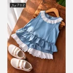 ست تاپ و شورتک جین دانتل دار دخترانه خنک مناسب 1.5 تا 7 سال